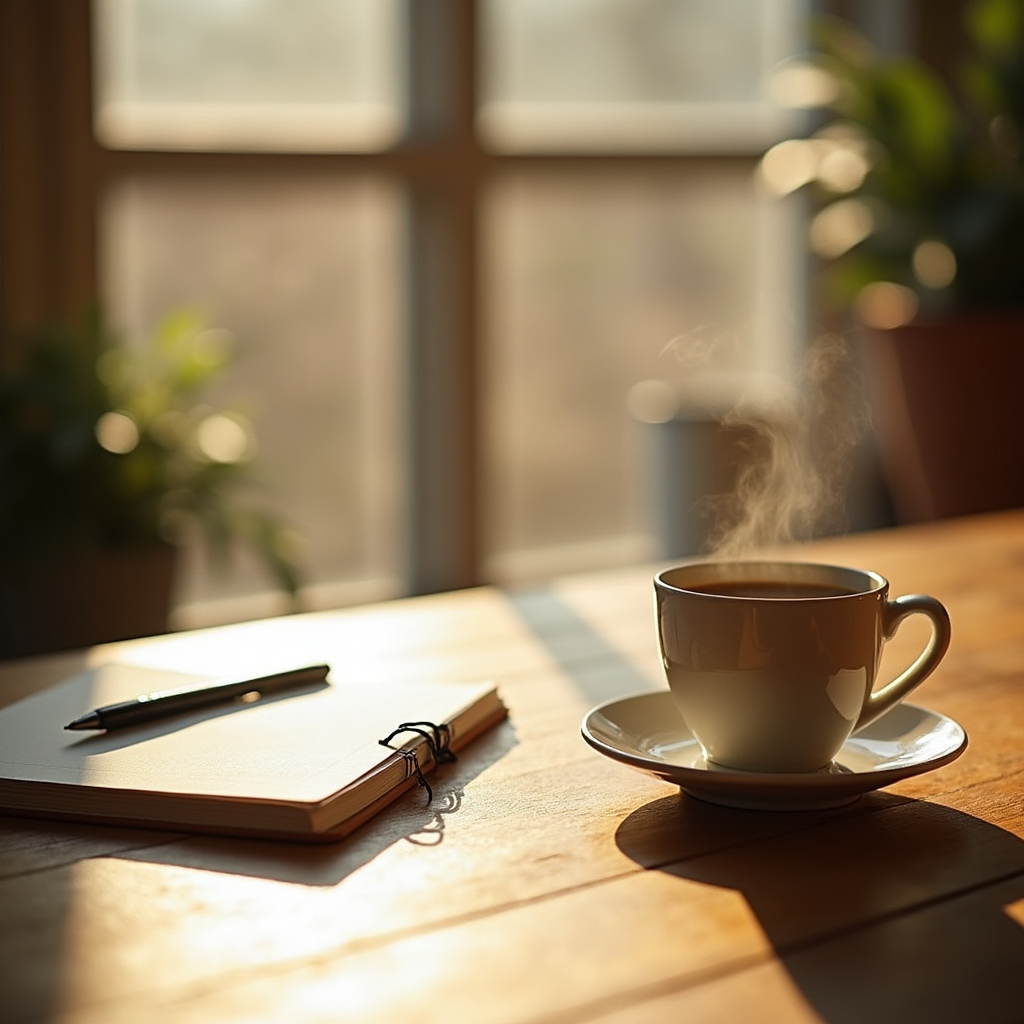 A knowledge worker sitting at a quiet, uncluttered desk in early morning light before starting focused work