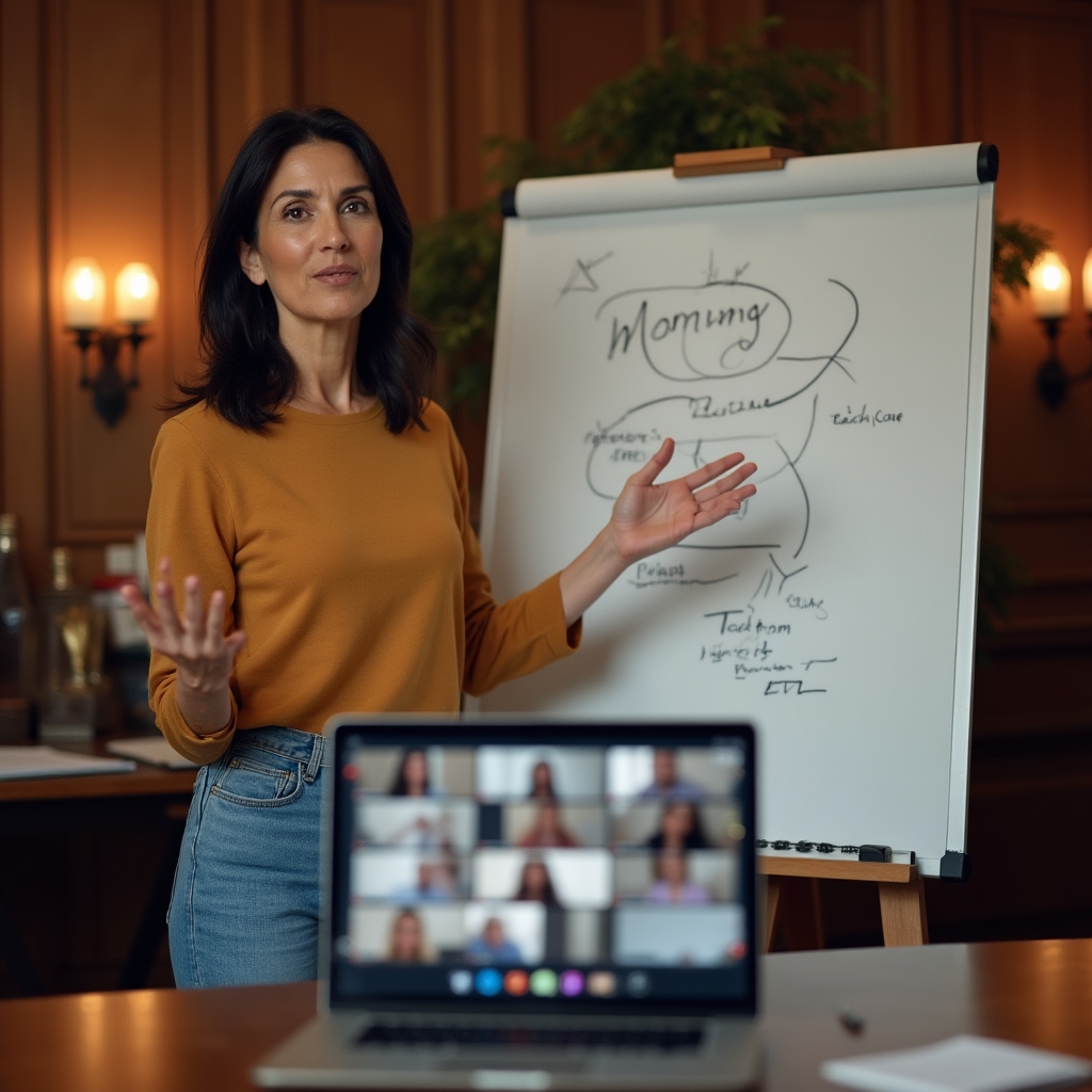 A facilitator leading a live online workshop session, visible on a laptop screen with notes and a whiteboard sketch nearby