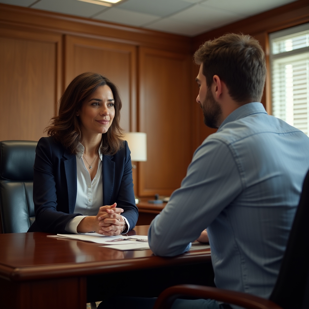 A manager and employee having a calm one-on-one conversation across a wooden desk about scheduling protected focus time