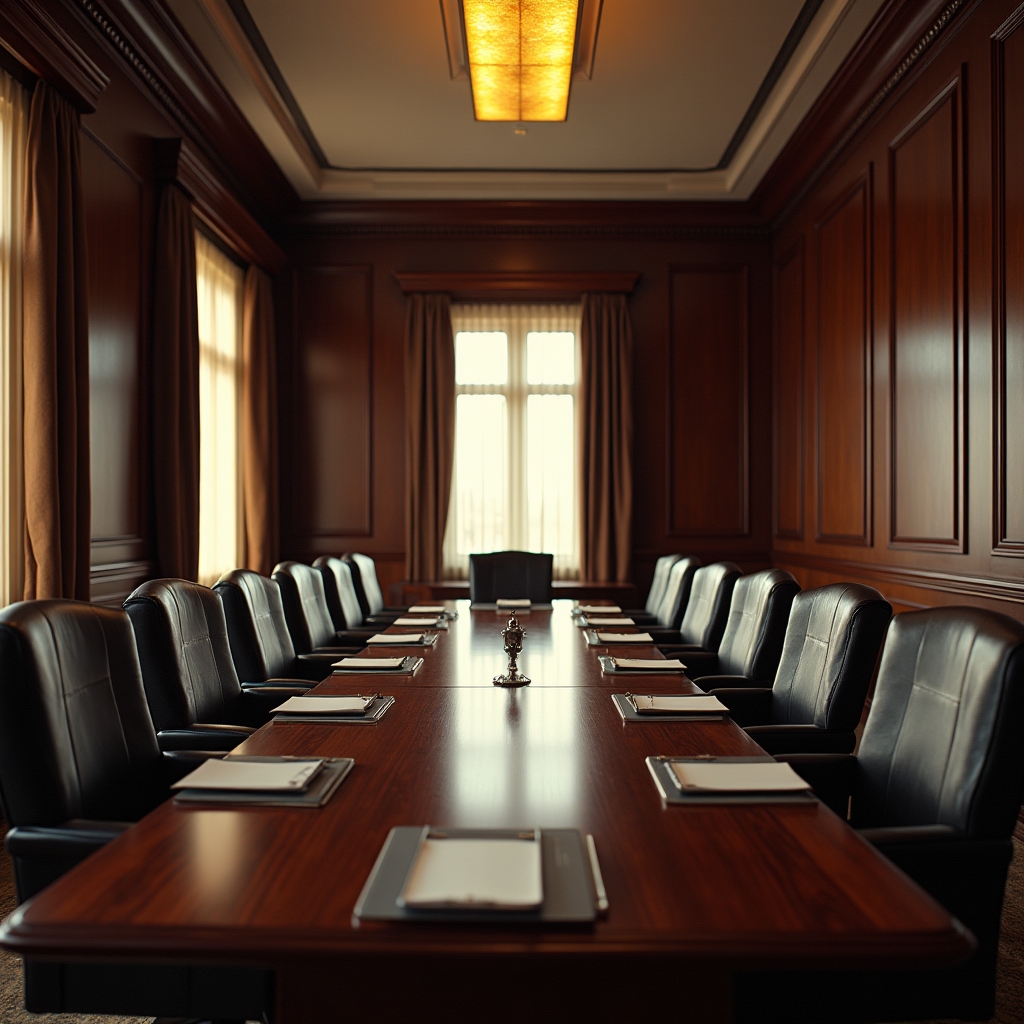A traditional office meeting room with wood paneling, a long table, and leather chairs set up for a small group session